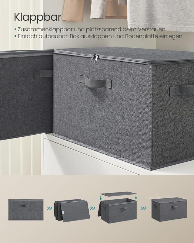Detalle de SONGMICS Aufbewahrungsbox mit Deckel (faltbare Stoffbox) – 3er Set, schiefergrau, 50 x 30 x 30 cm
