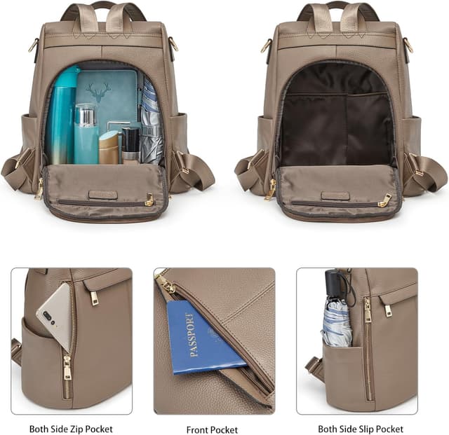 Detalle 2 de Kattee Zaino da donna in vera pelle antifurto minimalista con tracolla per tablet fino a 11" – cachi