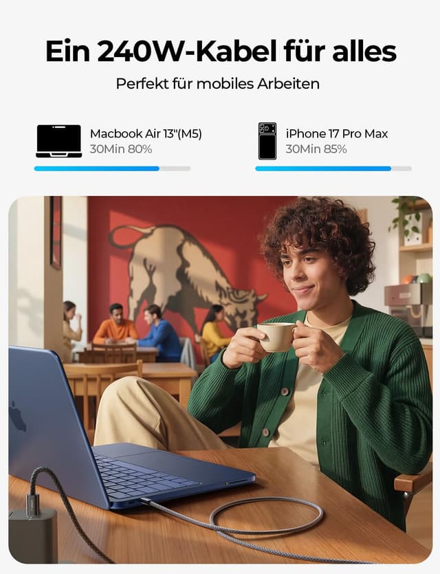 Detalle 2 de LISEN 240W USB-C Kabel 2M+2M Schnellladekabel