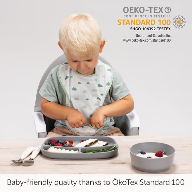 Detalle de MiaMia Baby Bibs waterproof weaning bibs with food catch (5 pack), Oeko Tex Standard 100 certified