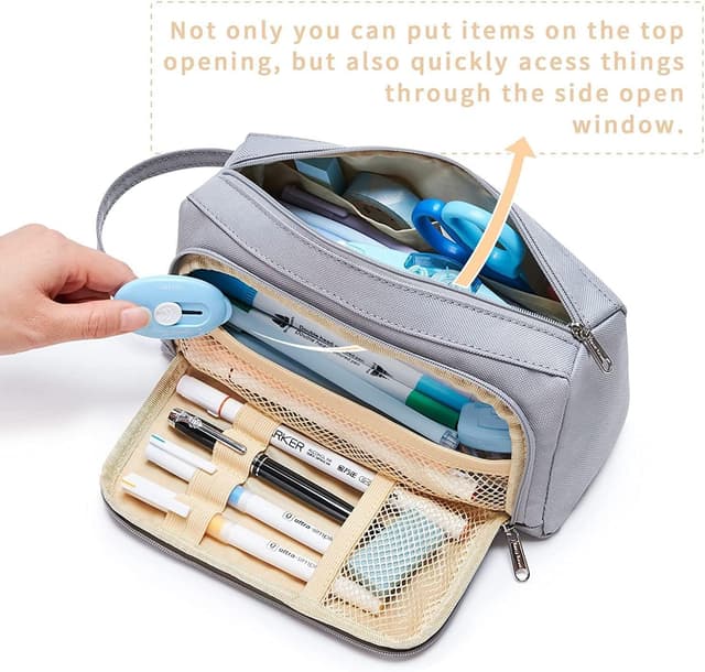 Detalle de KALIDI Federmäppchen mit 2 Fächern, große Kapazität und Tragegriff (Grau)