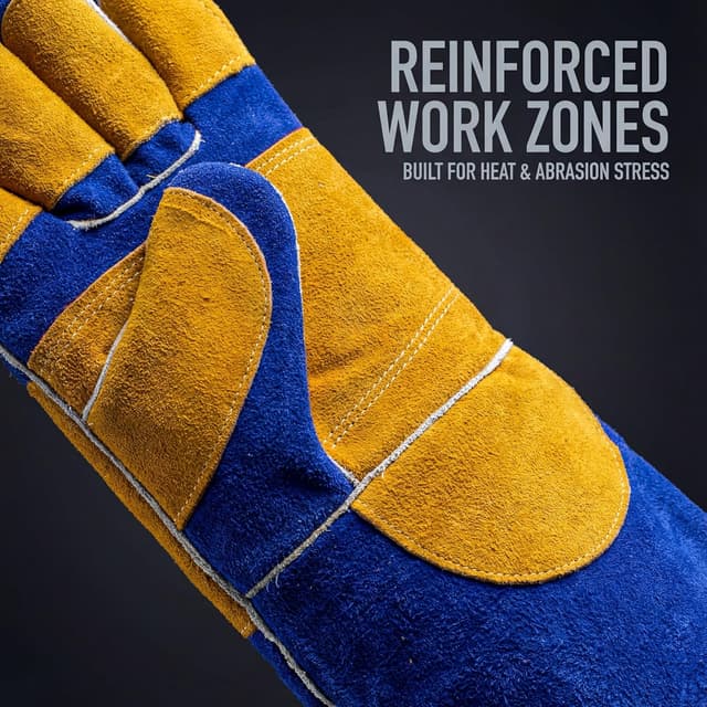 Detalle de RAPICCA Welding Gloves Fire Heat Resistant (Blue) 16IN, 932°F Leather Cover for MIG/Flux-Core/SMAW & forge work