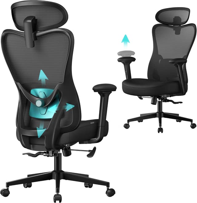 Detalle de Sedia da ufficio ergonomica SONGMICS OBN066BH01 con supporto lombare e poggiatesta regolabili, portata fino a 150 kg