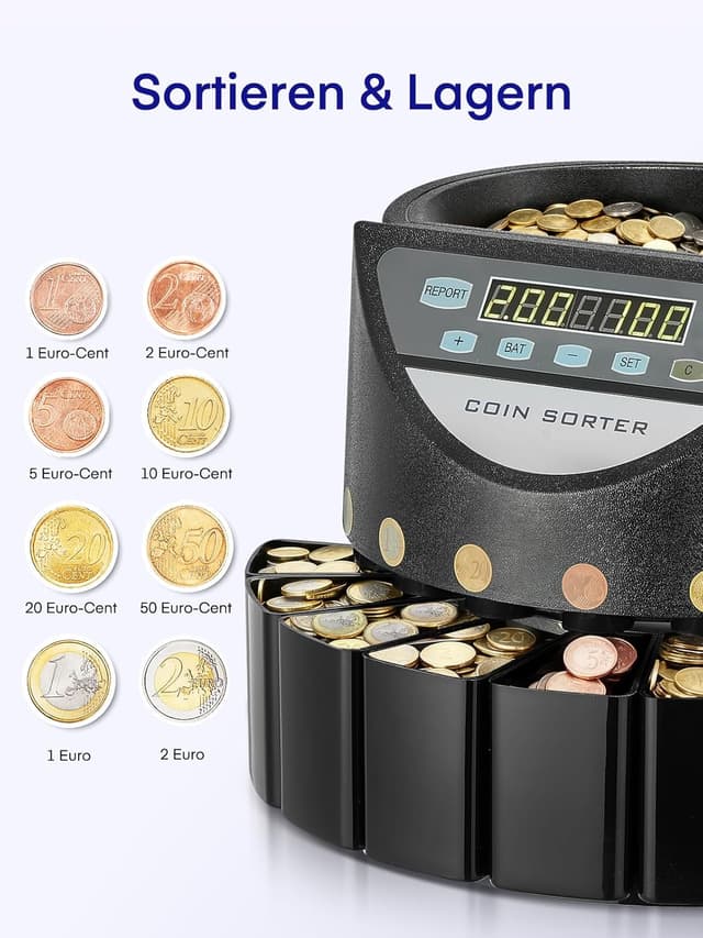 Detalle de Münzzähler Euro Sortierer (Münzen Zählmaschine) mit 8 Auffangboxen, 7‑stelliger LED-Anzeige – 800 Münzen Kapazität, schwarz