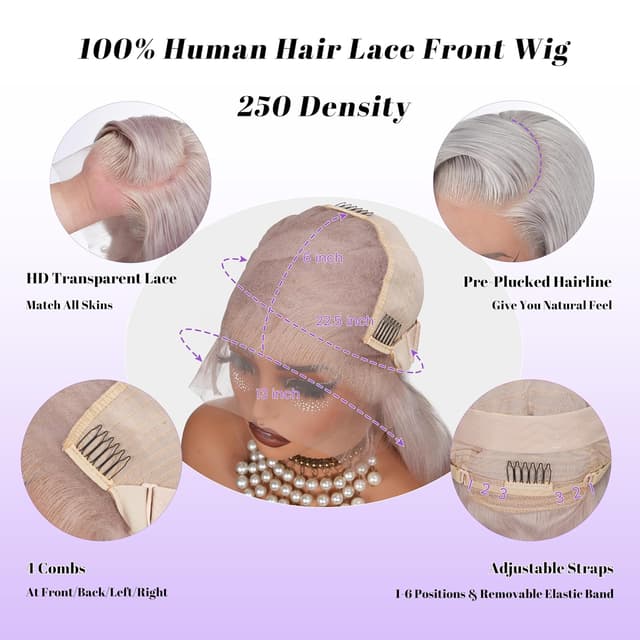 Detalle 2 de KingSup Grey Human Hair 13x6 HD Lace Body Wave Wig (250 Density) — 30 Inch