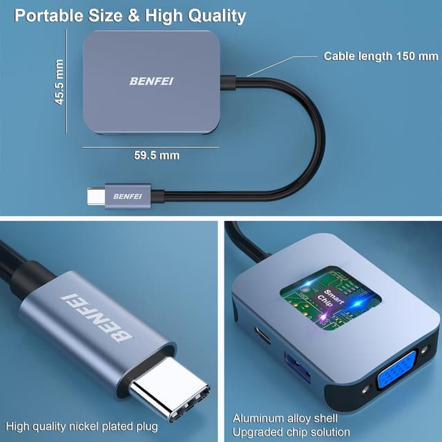 Detalle de BENFEI Hub USB-C 4in1 con HDMI 4K, VGA e USB 3.0 fino a 5 Gbps + Power Delivery 60W (grigio)