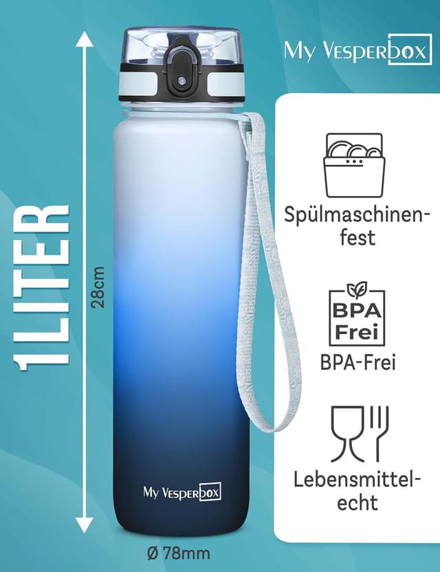 Detalle de My Vesperbox® Kinder-Trinkflasche 1.000 ml mit Kohlesäure-Eignung, auslaufsicher – inkl. Ersatzdichtung