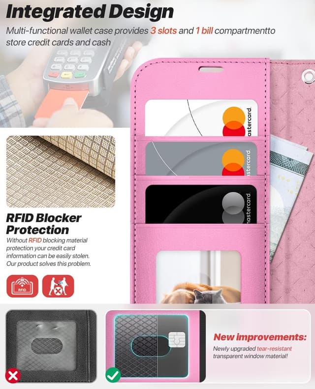 Detalle de OCASE Handyhülle für iPhone 17 Pro – abnehmbare 2-in-1 Magnet-Klapphülle mit Kartenfach, RFID und Standfunktion (Rosa)