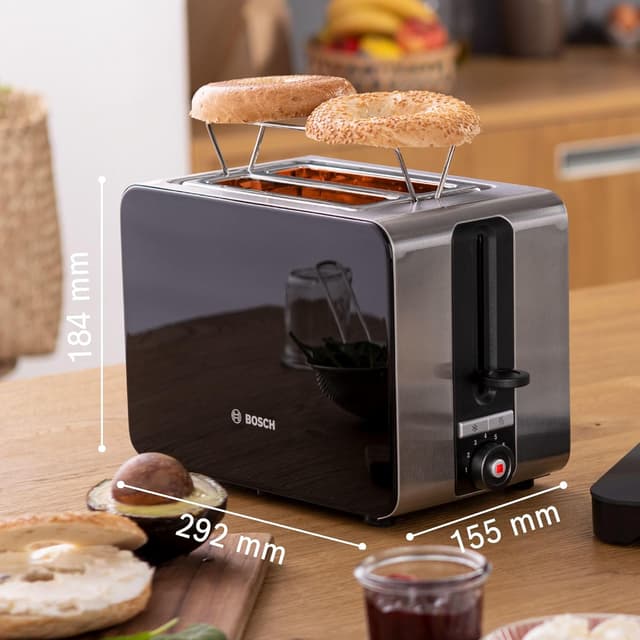 Detalle 2 de Bosch Sky Compact TAT7203GB 2-Slot stainless steel toaster with 7 browning levels, defrost and bun warmer (Black)