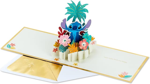 Detalle de Hallmark Disney Lilo & Stitch carte pop-up 3D avec fleurs hawaïennes dorées, pour toutes les occasions