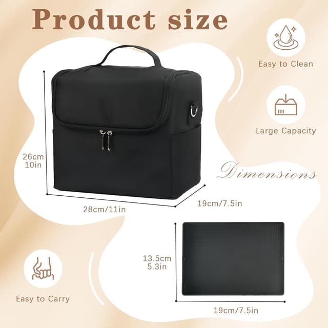 Detalle de MomTend Makeup Organiser Bag Vanity Case with 4 Trays, Shoulder Strap and Black Beauty Box Storage