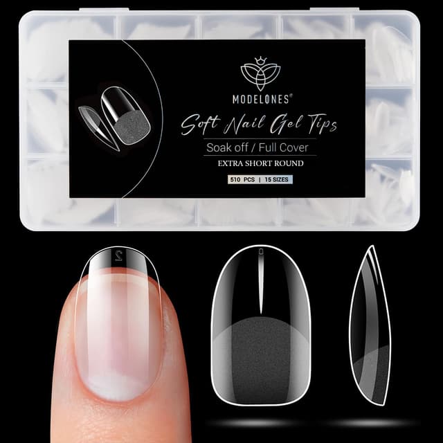 Detalle de Modelones Extra Short Oval Round Nail Tips (510 pcs) — Soft Gel Pre-shaped Half Matte Full Cover False Nail Extensions