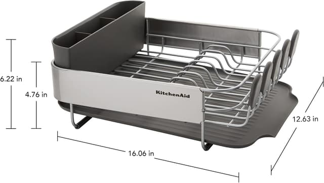 Detalle de KitchenAid Compact Space Saving Rust Resistant Dish Rack (Angled Self-Draining Drainboard) with Removable Flatware Caddy, Gray