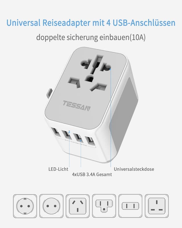 Detalle de TESSAN Adaptateur prise universelle avec 4 USB-A et port secteur (CA) pour voyages France/USA/Canada/UK/Japon