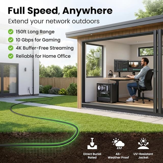 Detalle de GEARit Cat6 Ethernet Cable 150ft for Outdoor Direct Burial (24AWG, UV-Resistant, Waterproof Jacket) — Black