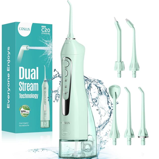 Detalle de COSLUS C20 Portable Cordless Water Flosser (300ML) — IPX7 Rechargeable Dental Irrigator, Green