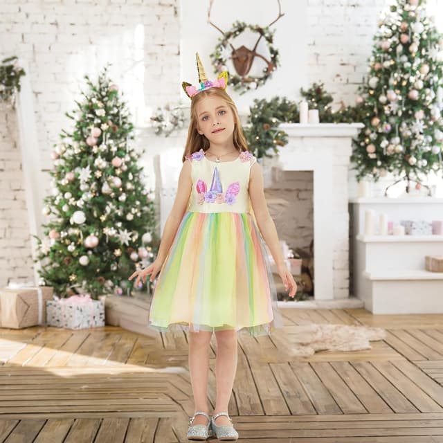 Detalle 2 de URAQT Mädchen Prinzessin Kleid Einhorn-Design (100 cm) mit Halskette und Stirnband – Karneval & Party