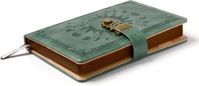 Detalle de ZXHQ Tagebuch mit Schloss (A5) inkl. Stift-Set – Vintage-Lederbezug, 224 Seiten, Premium Grau