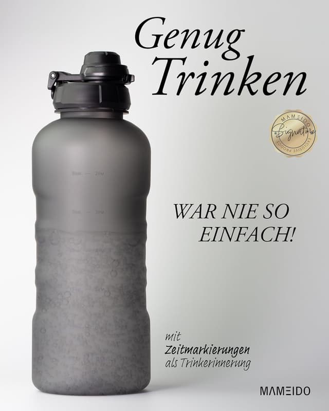 Detalle de MAMEIDO Trinkflasche mit Strohhalm, Zeitmarkierung & 2 l Fassungsvermögen (auslaufsicher, BPA-frei, Tritan) – Carbon Grey
