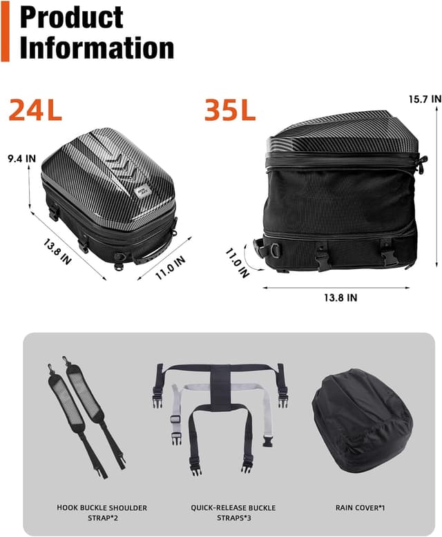 Detalle de Grapelet borsa posteriore impermeabile per moto con capacità espandibile 24L–35L e guscio rigido ABS