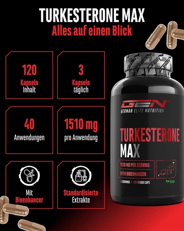 Detalle de GEN German Elite Nutrition Turkesteron Max (120 Kapseln) – Extra hochdosiert mit 1.510 mg Tagesportion