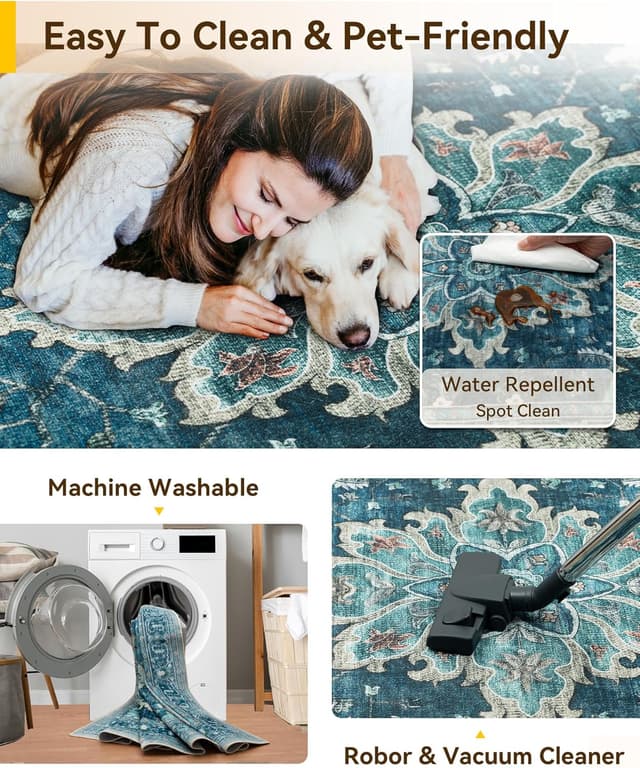 Thumbnail 5 de RELEANY 8 x 10 Vintage Floral Area Rug teal