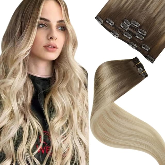 Detalle de LaaVoo Clip-in Hair Extensions aus echtem Haar – Balayage Light Brown bis Blonde Ombre, 5 Stück