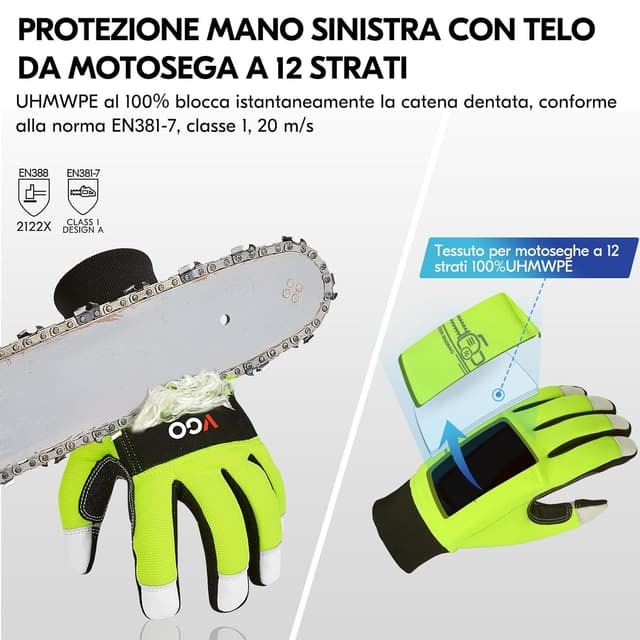 Detalle de Guanti motosega antitaglio a 12 strati Vgo... GA9767 (Talgia 10/XL, verde) con touchscreen
