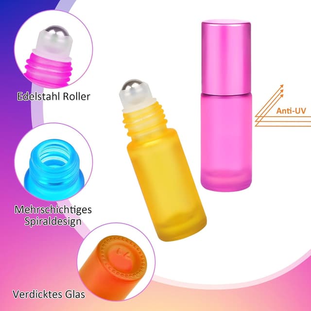 Detalle de Moosono Roll-on Flaschen Set (leer) 5 ml, 10 Stück Glas mit Edelstahl-Roller, Öffner, Tropfer & Aufklebern