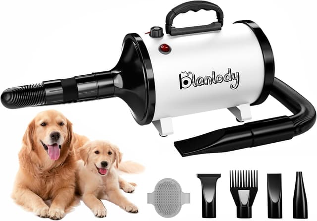 Detalle de Blanlody Dog Hair Dryer Blaster 3200W Pet Grooming Dryer with 4 Nozzles, Brush & Low-Noise Heat Settings