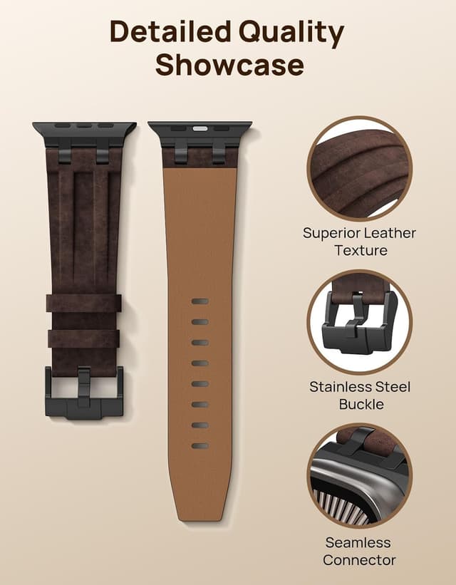 Detalle de MoKo Bracelet en cuir pour Apple Watch (Crazy Horse) avec connecteurs métal — compatible 49/46/45/44/42 mm