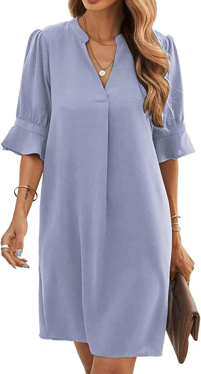 Detalle de Famulily Women’s V Neck Half Sleeve Shirt Dress midi-style casual summer dress (S–XXL)