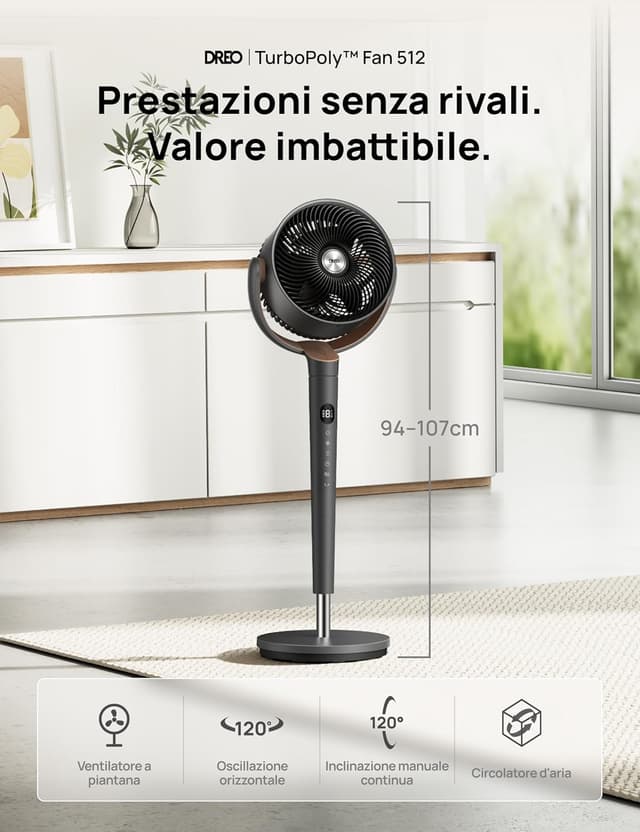 Detalle de DREO TurboPoly 512 ventilatore a piantana ultra silenzioso con telecomando (20 dB) e oscillazione 120°