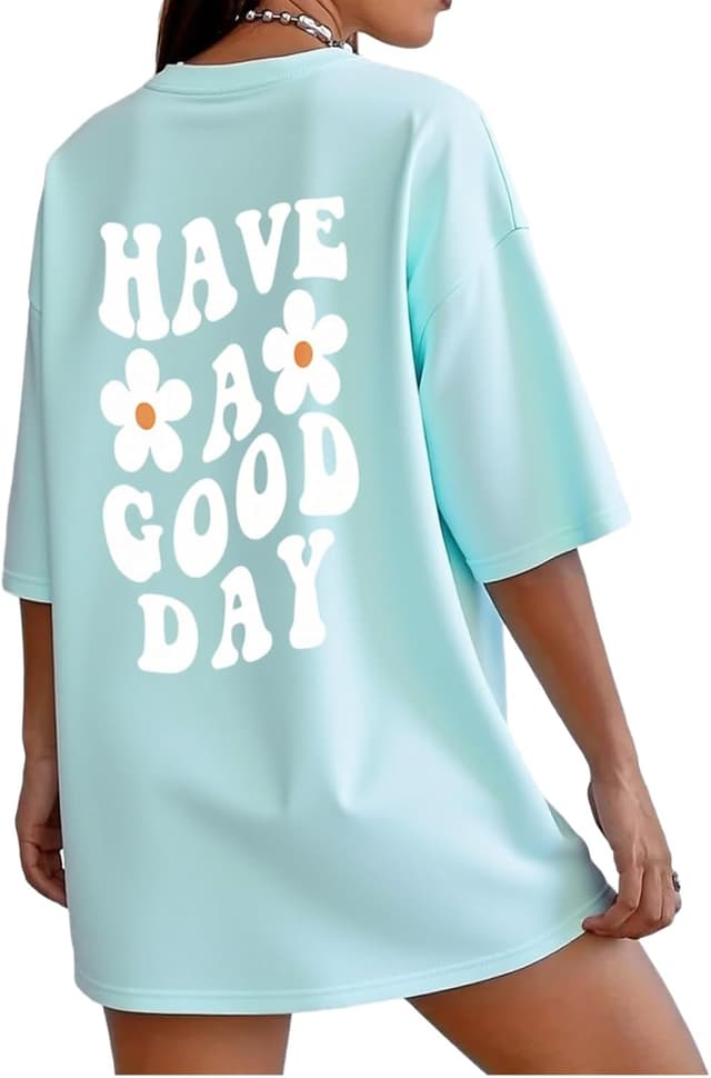 Thumbnail 6 de Oversized Damen T-Shirt aus Baumwolle (Kurzarm, Rundhalsausschnitt) mit Druck – Sommer Casual Top für lässige Outfits