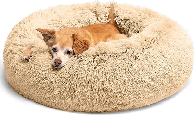 Detalle de LUOJINYI Flauschiges Donut-Hundebett (70 cm) in Kamel – waschbar mit rutschfestem Boden