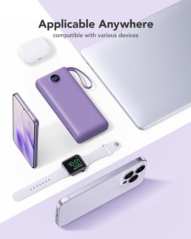 Thumbnail 6 de VRURC Batterie Externe 20000 mAh avec 4 câbles intégrés et USB-C (20 W) — Violet