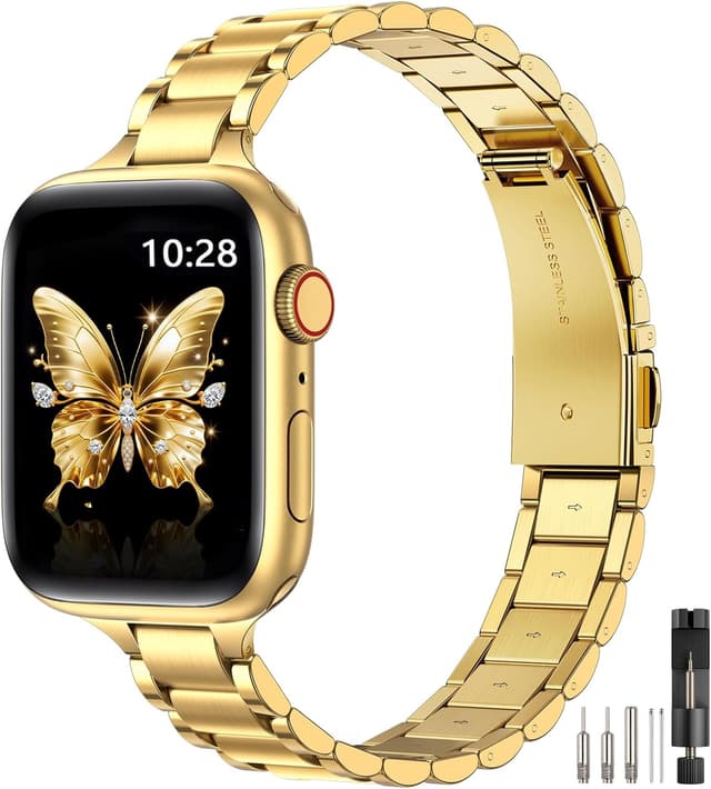 Detalle de WFEAGL Slim Stainless Steel Replacement Strap in Gold (compatible with Apple Watch 40/41mm & 38/42mm)