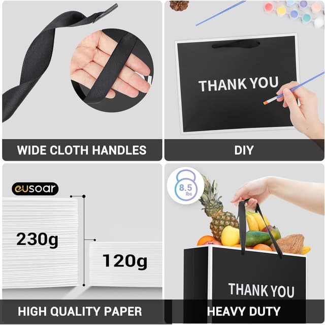 Detalle de EUSOAR Thank You Bags (10 Pack) Thick Black Paper Gift Bags, Medium M with Handles