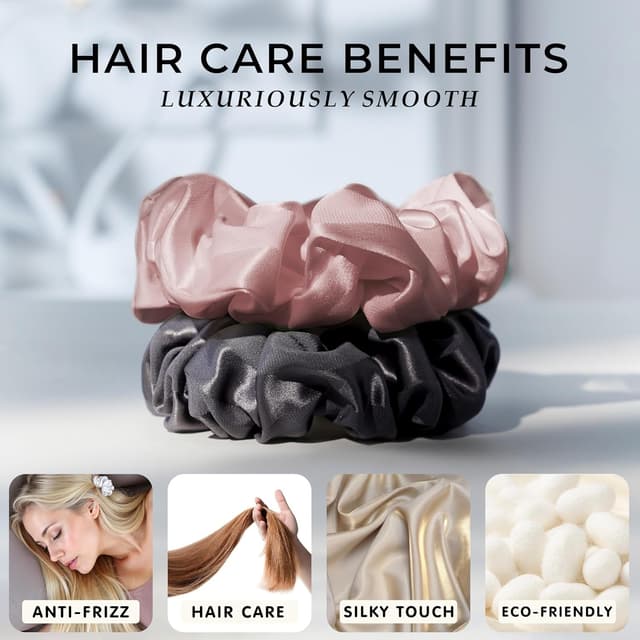 Detalle 2 de Townssilk elastici per capelli in 100% seta di gelso (22 momme), grigio scuro e rosa, a righe – 2 pezzi