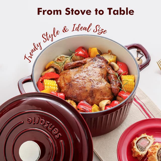 Thumbnail 6 de SENSARTE Enameled Cast Iron Dutch Oven (5.5 Quart) Red with Lid, Dual Handles, Trivet & Cotton Potholders