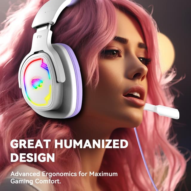 Detalle 2 de Jimonyer Gaming Headset with Noise-Canceling Mic (3.5mm) for PC/PS4/PS5/Xbox One/Switch — RGB in White/Purple