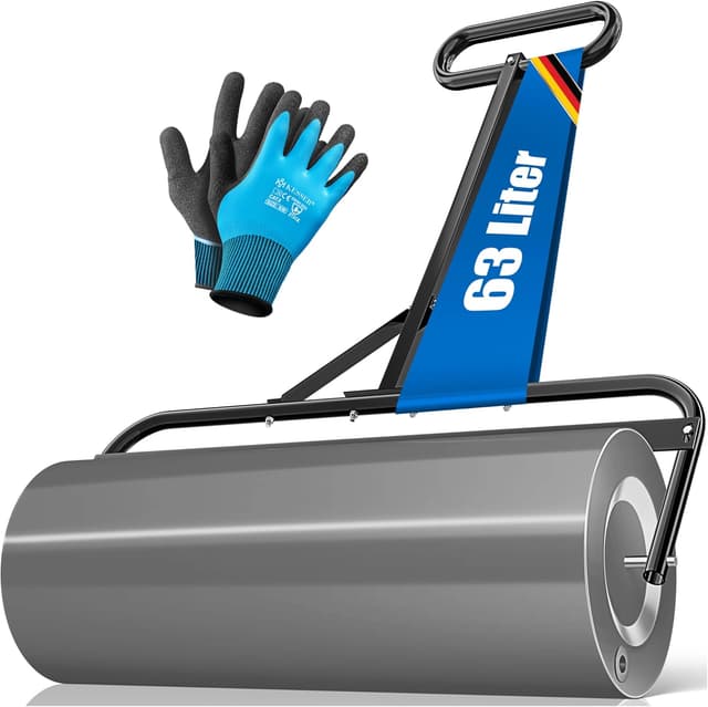 Detalle de KESSER® Rasenwalze Metall, befüllbar mit Wasser oder Sand (63 Liter) – 99 cm Arbeitsbreite, inkl. Handschuhe