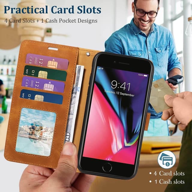 Detalle de GOTOURED Wallet Case for iPhone 7/8 Plus (RFID) – Brown PU Leather Folio with 4 Card Slots, Detachable Strap & Kickstand