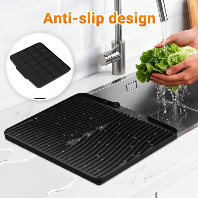 Detalle de COPLIB Silicone Dish Drying Mat (19.7" x 17") with Non-Slip Drain Pad, Black
