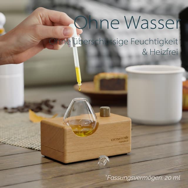 Detalle de Waterdrop Aroma Diffuser Kabellos (wasserlos) – Duftöl-Vernebler aus Glas & Buchenholz für bis zu 60 m²