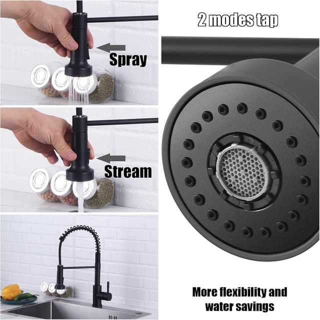 Detalle 2 de HOTTIST Sink Mixer Tap with Pull Down Sprayer, Spring Kitchen Faucet in Black (Single Lever, 360° swivel, 2-spray mode)