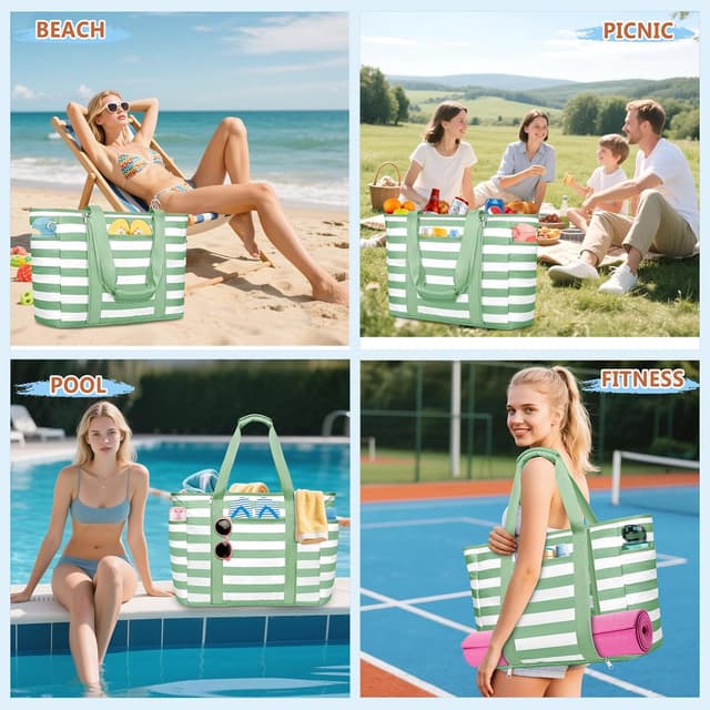 Detalle 2 de KTUEOV Sac de plage femme XXL 45 L pliable et imperméable, avec fermetures et compartiments pour piscine, voyage et shopping