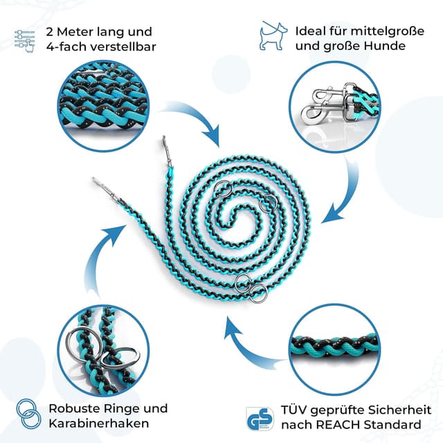 Detalle de Testnote reflektierende Hundeleine (2 m), verstellbar & wetterfest bis 250 kg – Paracord Führleine für kleine bis große Hunde