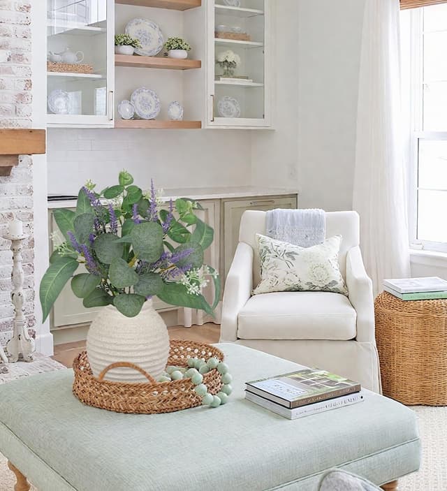 Detalle de Arborus Künstlicher Eukalyptus im Topf (37 cm) mit Lavendel in Vintage-Keramikvase