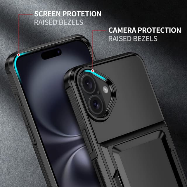 Detalle de Aolcev iPhone 16 Wallet Case with Card Holder (up to 4 cards) – Dual Layer Shockproof in Black